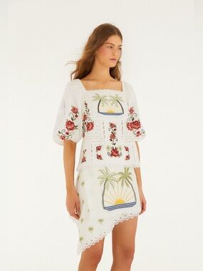 FARM RIO OFF-WHITE TROPI SCARF EMBROIDERED BLOUSE